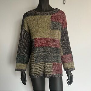 Patchwork Marled Crewneck Sweater in Olive & Burgundy